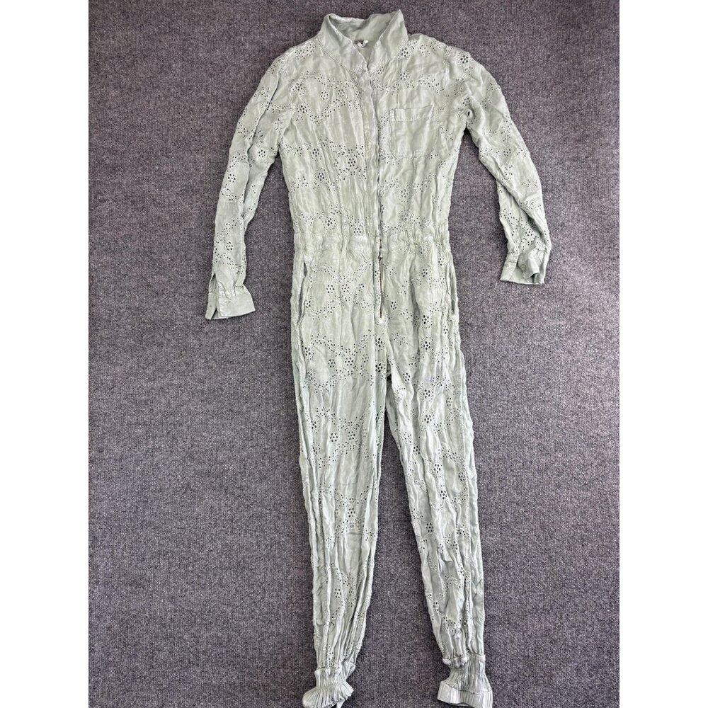YFB Jumpsuit Womens Small Sage Green Eyelet Lace‎ Zip Front Long Sleeve Pockets